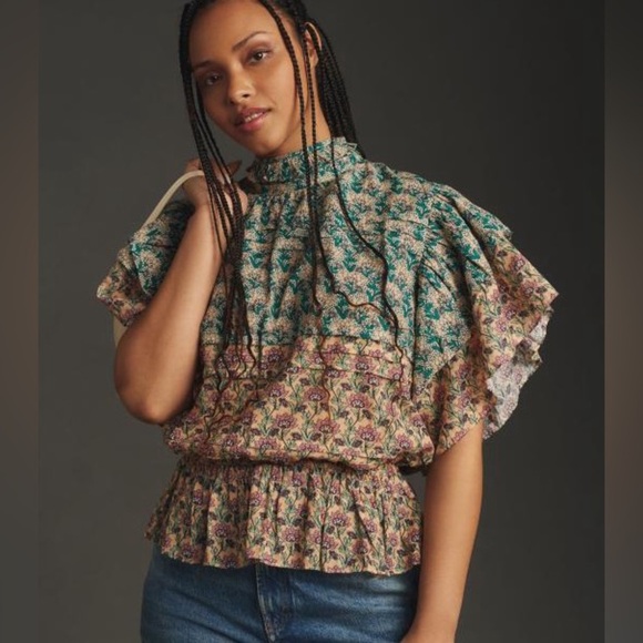 Let Me Be Anthropologie High-Neck Printed Peasant Blouse (T2) - Picture 1 of 10